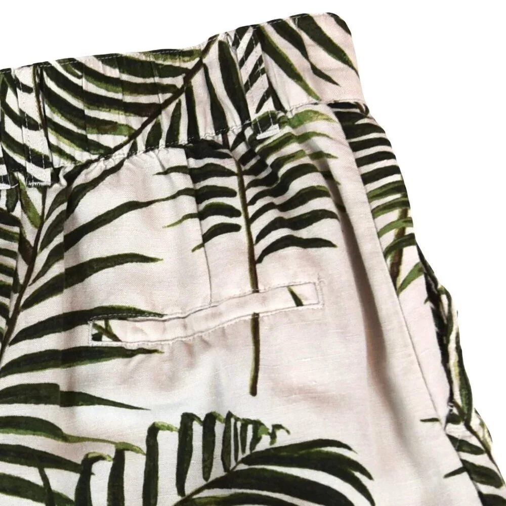 Palm Print Extra Wide Leg Linen Trousers Tropical Resort Boho Cropped Pants Sz 6